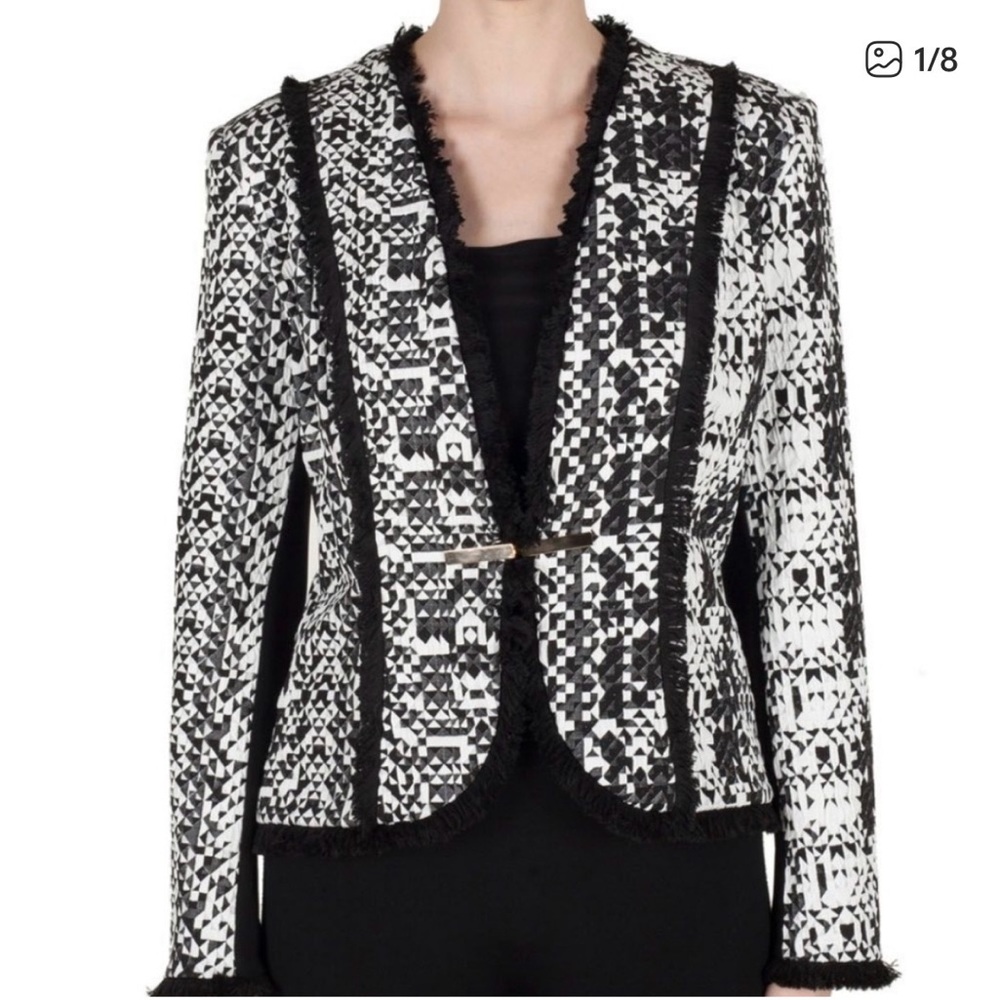 Joseph Ribkoff Graphic Black and White Fringe Blazer Jacket